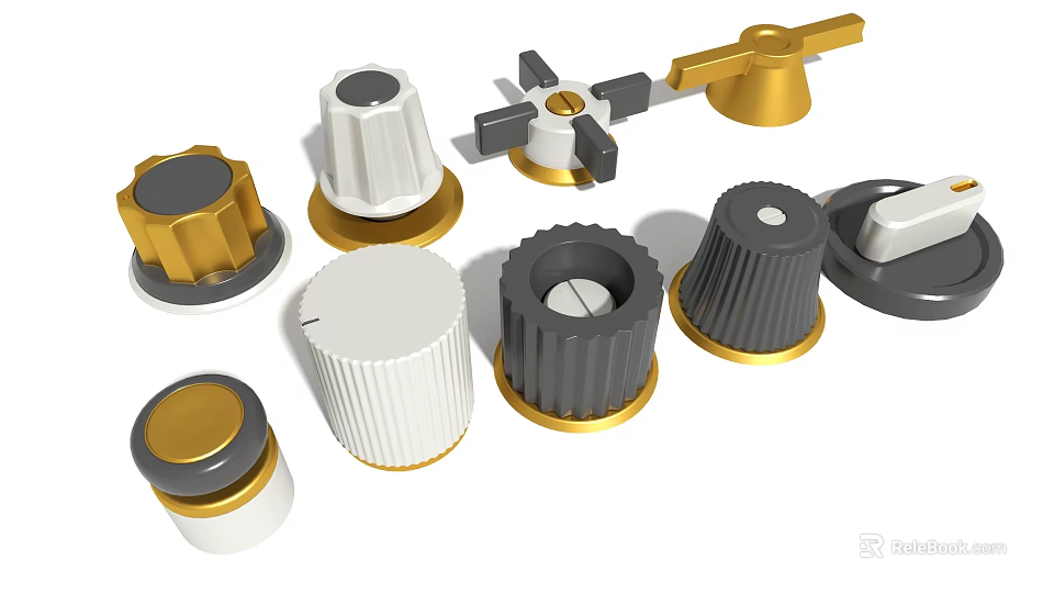 Assorted Hardware Tools Including White Gray Gold Knobs With Textured Surfaces 3d model