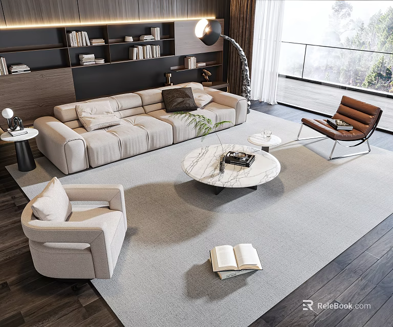 Contemporary Beige Sofa And Round Marble Top Coffee Table Set With Accent Chairs In Living Room 3d model 
