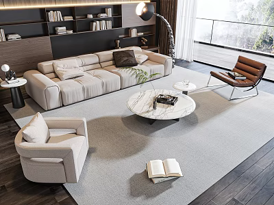 Contemporary Beige Sofa And Round Marble Top Coffee Table Set With Accent Chairs In Living Room 3d model