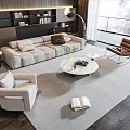 Contemporary Beige Sofa And Round Marble Top Coffee Table Set With Accent Chairs In Living Room