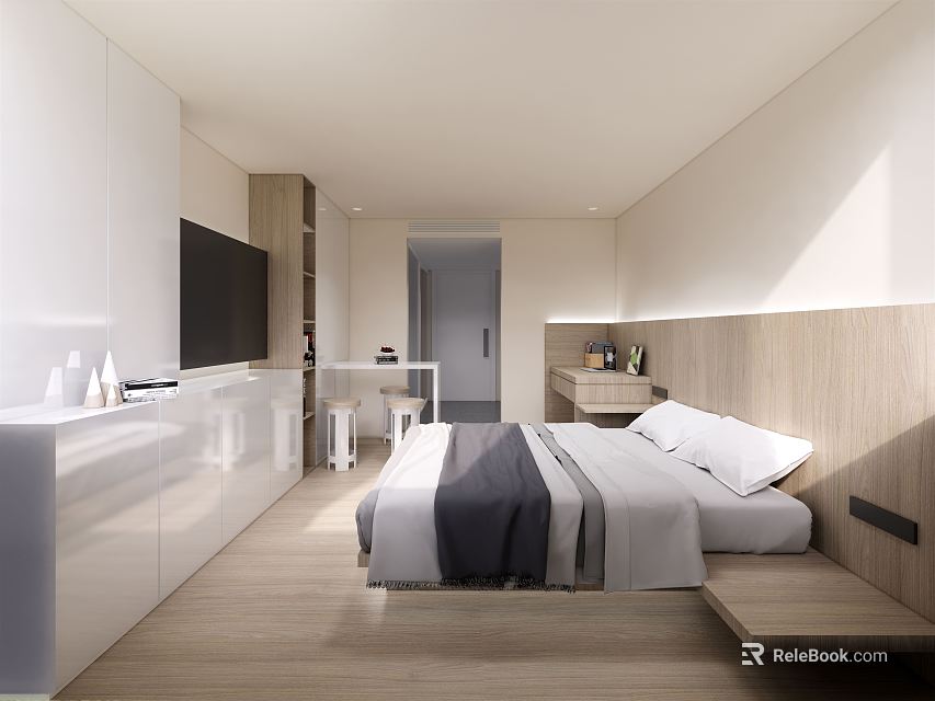 Modern Studio Apartment Bedroom Interior With White Cabinets TV Desk And Wooden Flooring 3d model 