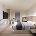 Modern Studio Apartment Bedroom Interior With White Cabinets TV Desk And Wooden Flooring