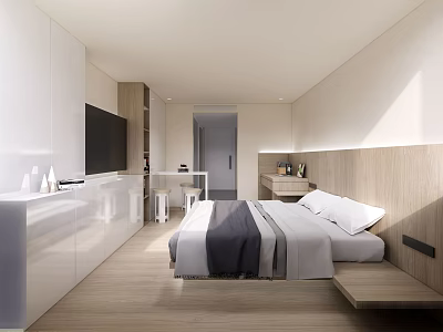 Modern Studio Apartment Bedroom Interior With White Cabinets TV Desk And Wooden Flooring 3d model