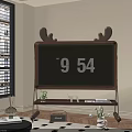 Wooden Digital Clock With Antler Decor Showing Time 954 On Stand In Room Interior