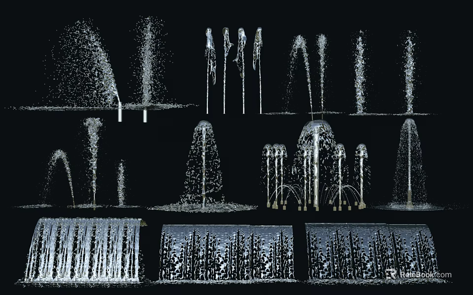 Different Fountains Showcasing Various Water Spray Patterns And Modern Design Styles 3d model