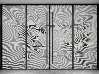 Stylish Glass Doors Featuring Black And White Wavy Stripe Pattern Black Frames And Handles 3d model