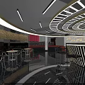Modern Bar Interior With Circular Ceiling Lighting Design Central Counter High Stools And Decorative Walls