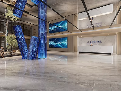 Modern Service Hall Interior With Blue Columns Large Screens Marble Floor And Green Plants 3d model