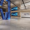 Modern Service Hall Interior With Blue Columns Large Screens Marble Floor And Green Plants