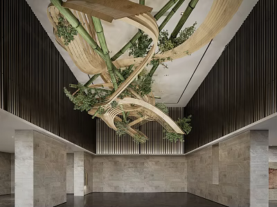 Bamboo Chandelier With Twisted Design And Green Plants In Modern Lobby Interior 3d model