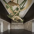 Bamboo Chandelier With Twisted Design And Green Plants In Modern Lobby Interior
