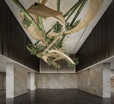 Bamboo Chandelier With Twisted Design And Green Plants In Modern Lobby Interior 3d model