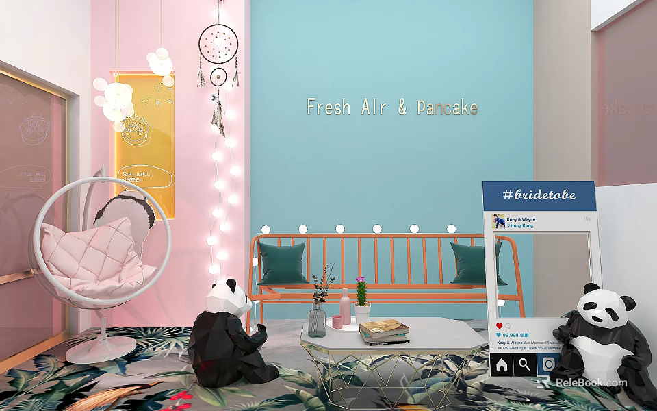 Cozy Room Interior With Pink Hanging Chair Blue Wall Panda Plush And Handmade Sign 3d model 