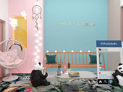 Cozy Room Interior With Pink Hanging Chair Blue Wall Panda Plush And Handmade Sign 3d model