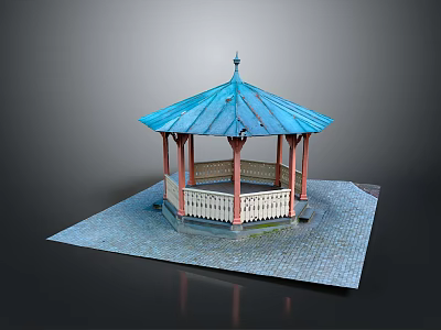 Traditional Octagonal Gazebo With Blue Roof Red Pillars And White Railings On Stone Paved Ground 3d model