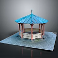 Traditional Octagonal Gazebo With Blue Roof Red Pillars And White Railings On Stone Paved Ground