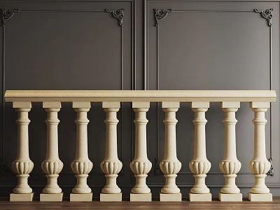 Classic Beige Railing With Carved Balusters Against Dark Paneled Walls 3d model