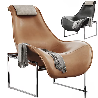 Modern Leather Leisure Chair With Brown Black Upholstery Metal Frame And Throw Blanket 3d model