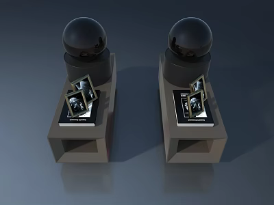 Modern Landscape Sculpture With Two Black Spheres On Gray Cube Pedestals And Metal Frames 3d model