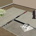Beige Square Area Rug with Geometric Stripes on Wooden Floor Featuring Vase and Magazine Basket