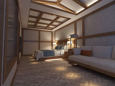 Cozy Hotel Guest Room With Wooden Ceiling Herringbone Floor And Beige Sofa Blue Bed Linens 3d model