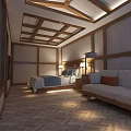 Cozy Hotel Guest Room With Wooden Ceiling Herringbone Floor And Beige Sofa Blue Bed Linens
