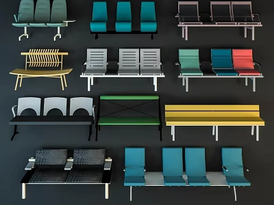 Different Styles Of Public Chairs With Colorful Seats And Metal Frames 3d model