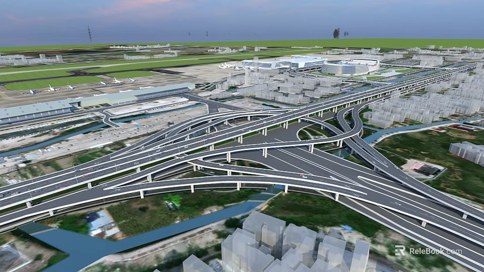Complex Multi Level Interchange Bridge With Multiple Intersecting Roads And Urban Green Spaces 3d model