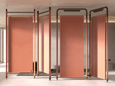 Multiple Modern Orange Partition Screens With Metal Frames In Interior Space 3d model