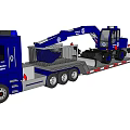 Blue Heavy Duty Utility Vehicle Transporting Excavator On Flatbed Trailer At Night