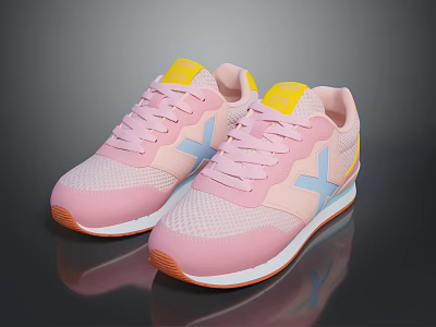 Pink Casual Sneakers With Yellow Tongue Blue Logo Mesh Upper And Orange Sole 3d model