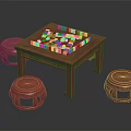 Traditional Wooden Mahjong Table Set With Four Round Stools And Tiles