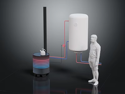 Home Water Storage System With White Tank Colorful Cylinder And Red Blue Pipes 3d model