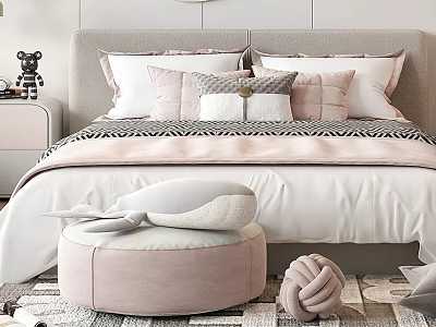 Modern Double Bed With Gray Headboard Soft Pillows Pink Ottoman And Knitted Decor 3d model
