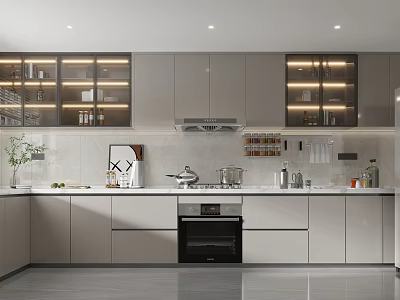 Modern Kitchen Interior Featuring Gray Cabinets Glass Door Storage And Countertop Appliances 3d model
