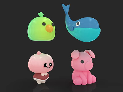 Cute Colorful Cartoon Stuffed Dolls With Bird Whale Rabbit And Mushroom Designs 3d model