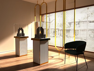 Public Office Space With Glass Cased Display Pedestals Golden Curved Accents And Green Chair 3d model