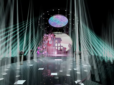 Glamorous Stage Design With Colorful Light Beams Floral Decorations And Sparkling Backdrop 3d model