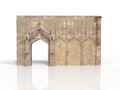 Gothic Stone Architectural Wall With Decorative Arch And Intricate Carving Patterns 3d model