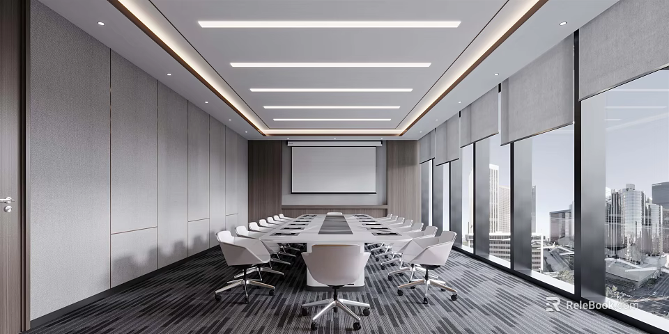 Modern Conference Room With Long Table White Chairs Large Screen And Windows 3d model