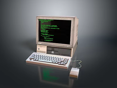 Vintage Computer System With Monitor Keyboard Mouse And Green Code 3d model