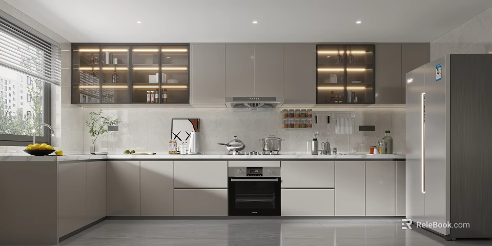 Modern Kitchen Interior With Gray Cabinets Glass Door Upper Cabinets And Tile Backsplash 3d model 