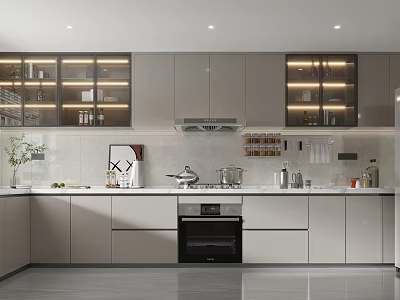 Modern Kitchen Interior With Gray Cabinets Glass Door Upper Cabinets And Tile Backsplash 3d model
