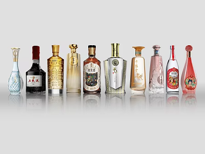 Elegant Wine Bottles and Glasses Collection Featuring Diverse Designs and Classic Styles 3d model