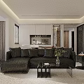 Modern Living And Dining Room Interior With Dark Brown Sofa Coffee Table And Green Plant