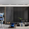 Modern Living Dining Room Interior Wooden TV Wall With LED Lighting Blue Chair And Decor