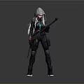 Hooded Character In Black Tactical Outfit Holding Rifle With Blue Accents