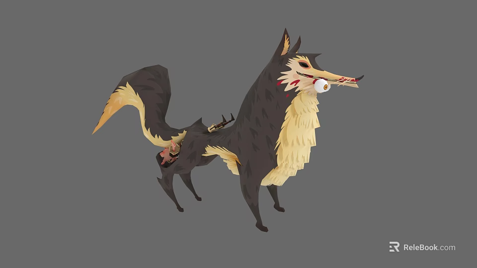 Cartoon Style Mythical Creature With Black And Yellow Fur Deer Antlers And Eyeball In Mouth 3d model 
