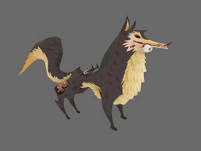 Cartoon Style Mythical Creature With Black And Yellow Fur Deer Antlers And Eyeball In Mouth 3d model