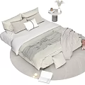 Minimalist Double Bed With Light Gray Bedding Plush Pillows Round Rug And Pampas Grass